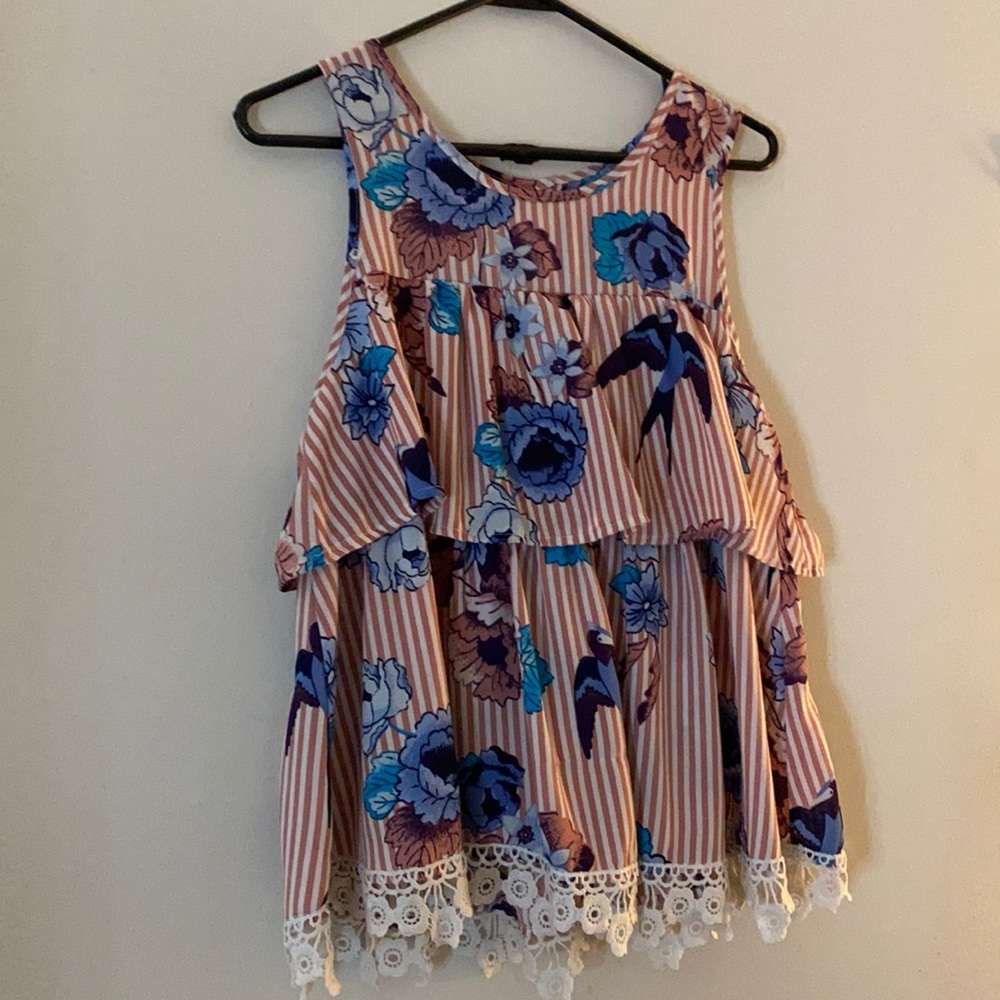 Pink, White, And Blue Floral Blouse